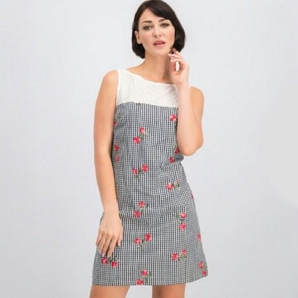 Karl Lagerfeld Womens Shift Dress Gingham Floral Embroidered Black White Size 6